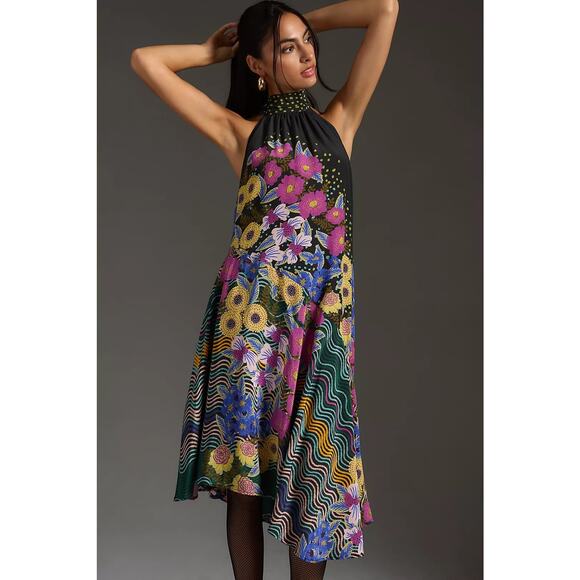 nwt by ANTHROPOLOGIE sz S Halter Asymmetrical Midi Dress - Picture 2 of 6